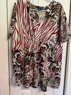 Denim&Co Floral Zebra-Style Tunic in Red, Olive, Black, Cream